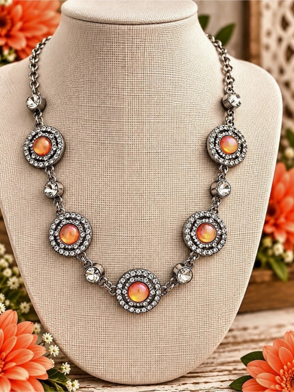 Paparazzi Statement Necklace & Earrings in Silver & Orange NWT